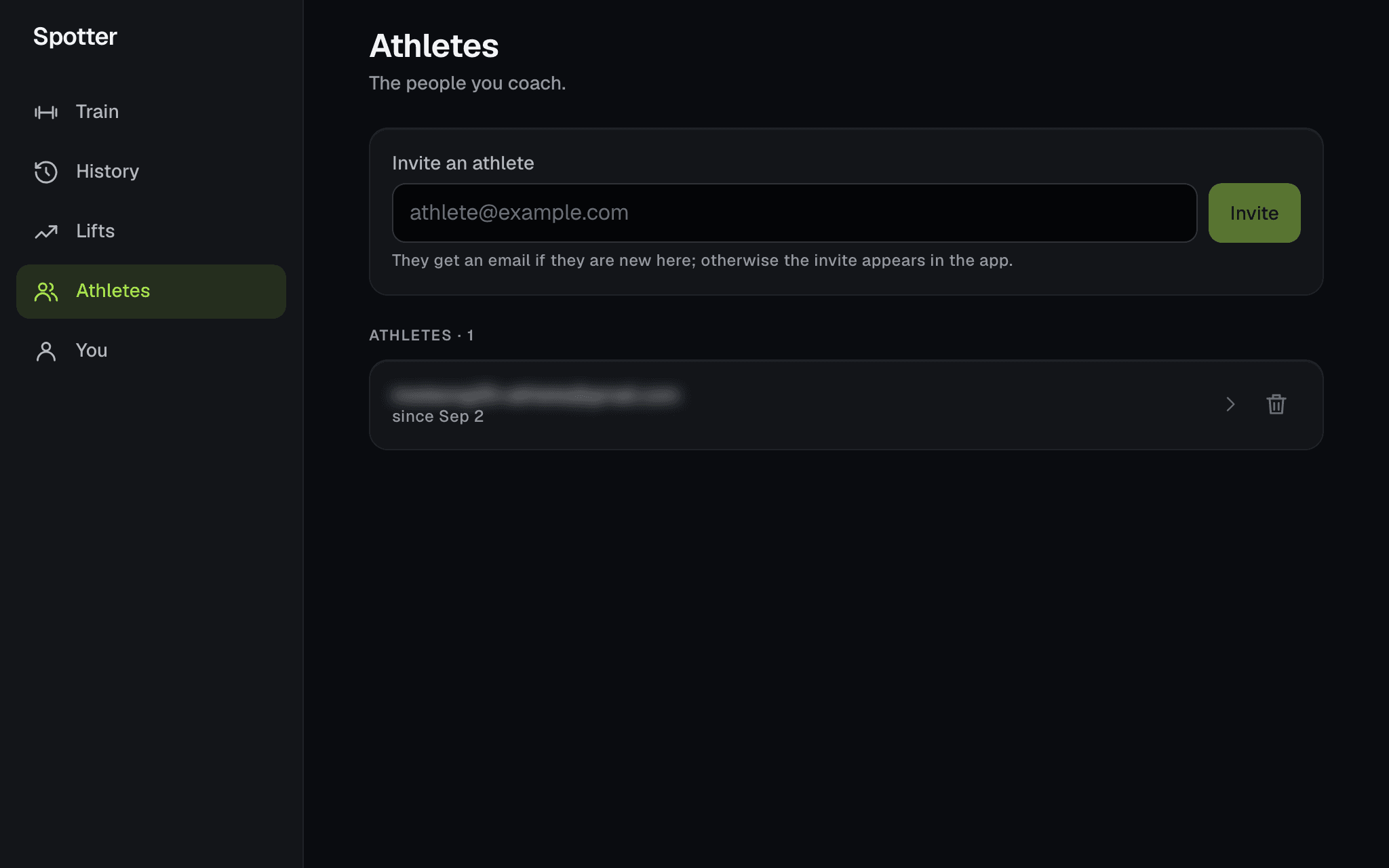 The Athletes screen: an invite form with an email field and an Invite button, and below it the roster with one athlete, on since 2 September.