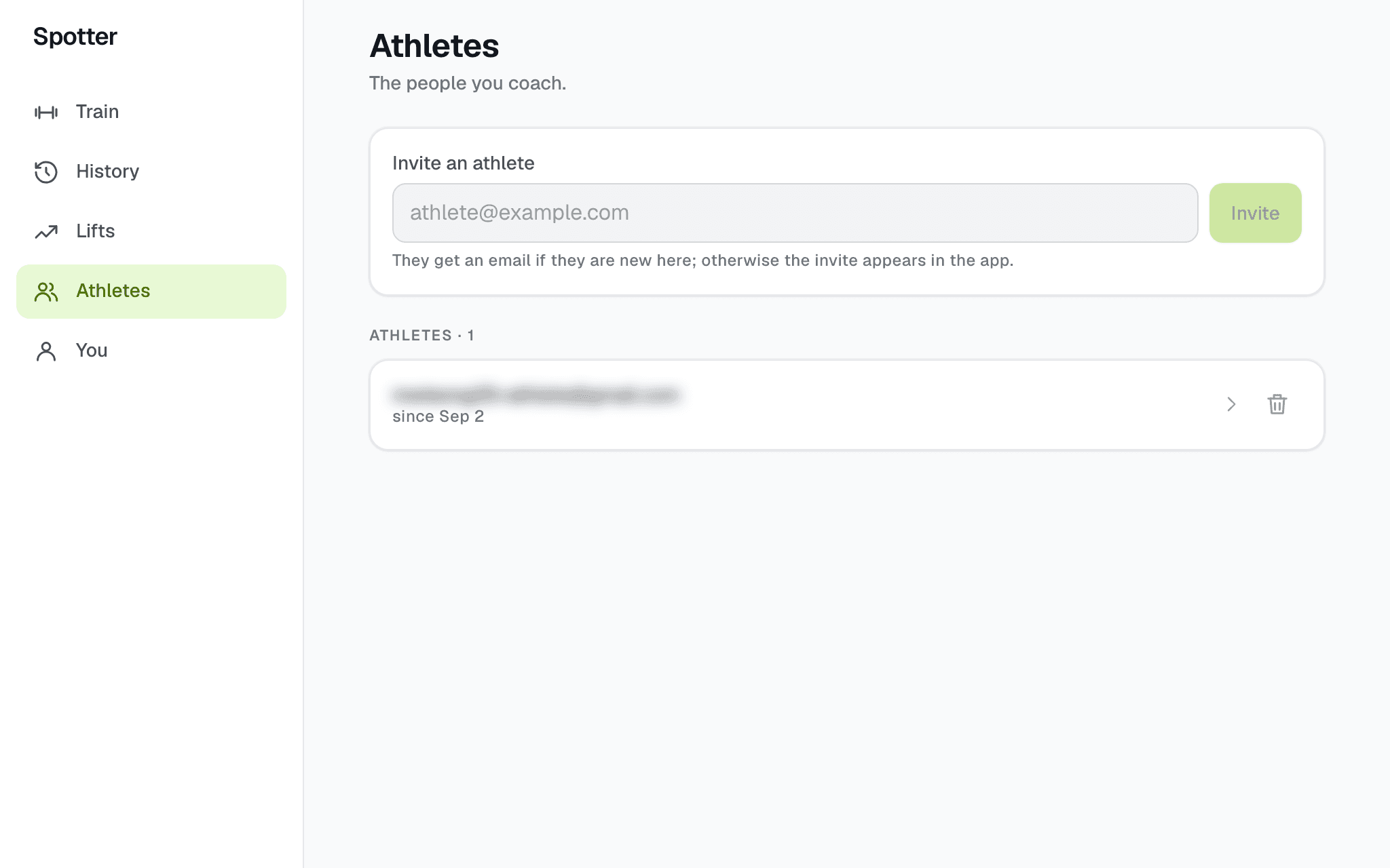 The Athletes screen: an invite form with an email field and an Invite button, and below it the roster with one athlete, on since 2 September.