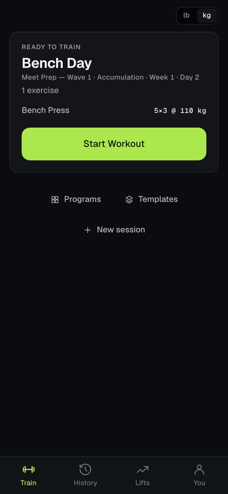 The athlete loop, recorded from the app: the Train screen shows the next session, Bench Day, and one tap starts it. The prescribed set is already typed, so one tap logs it and the rest timer starts counting down. A second set logs the same way. Finish Workout opens the summary, with a personal record, and the Bench Press row opens the lift, where the estimated one-rep-max curve has moved.