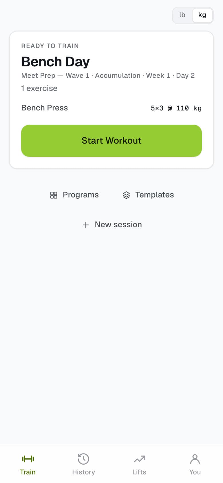 The athlete loop, recorded from the app: the Train screen shows the next session, Bench Day, and one tap starts it. The prescribed set is already typed, so one tap logs it and the rest timer starts counting down. A second set logs the same way. Finish Workout opens the summary, with a personal record, and the Bench Press row opens the lift, where the estimated one-rep-max curve has moved.